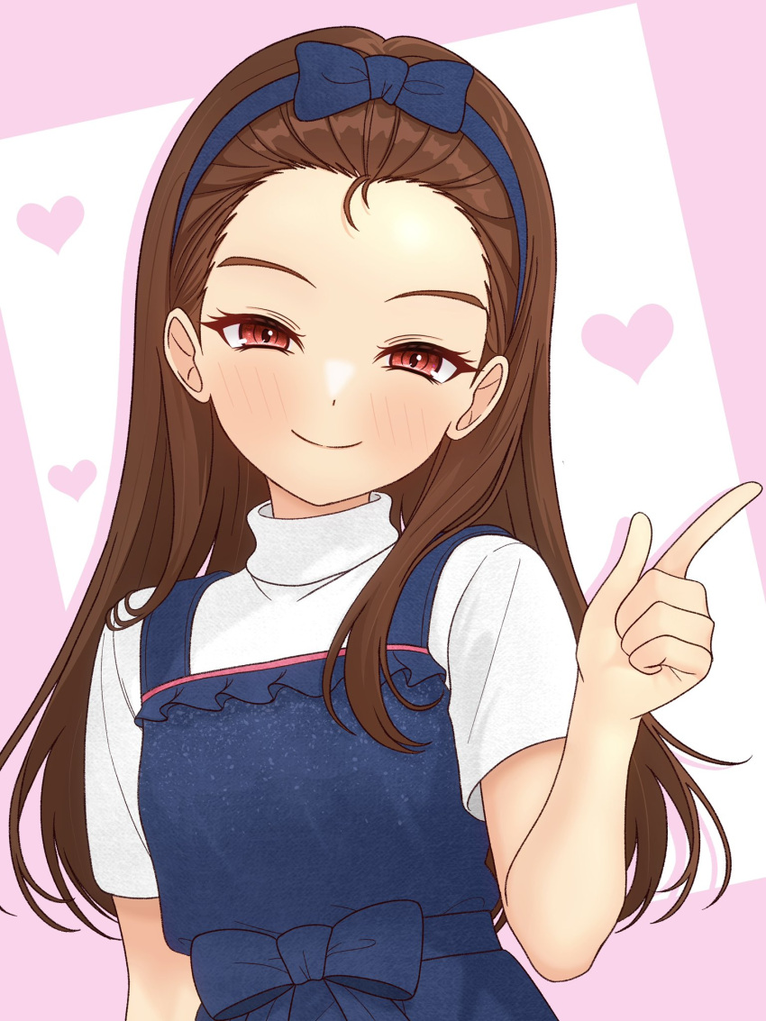 1girl, 82k_mugi, blue_overalls, blush, bow, brown_hair, finger_gun, forehead