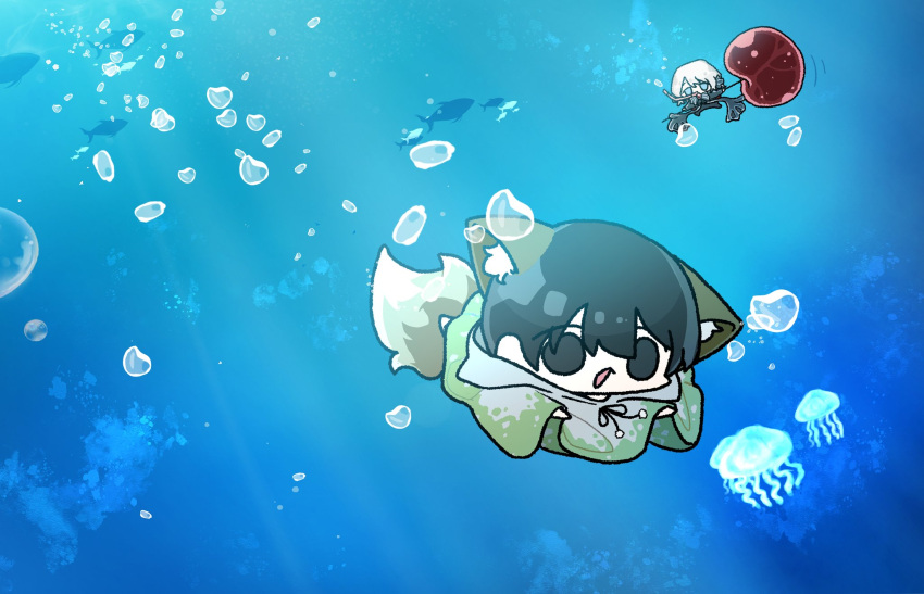 1boy, 1girl, :o, air_bubble, animal_ears, black_eyes, black_hair, blue_cape, blue_eyes, bubble, cape, chibi, chibi_only, d_ecember12th, e.g.o_(project_moon), faust_(project_moon), fish, fluid_sac_(e.g.o), fox_ears, fox_tail, highres, holding, jellyfish, kemonomimi_mode, limbus_company, looking_at_viewer, project_moon, raincoat, short_hair, snorkel_in_mouth, subsurface_scattering, sunshower_(e.g.o), swimming, tail, underwater, white_hair, yi_sang_(project_moon)