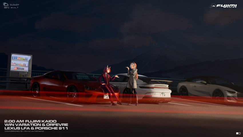 2girls, absurdres, ahoge, animal_ears, bentley_continental_gt, black_jacket, black_necktie, black_pants