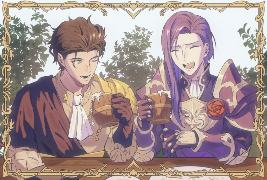 2boys, alcohol, armor, brown_hair, claude_von_riegan, claude_von_riegan_(timeskip), closed_eyes, cup