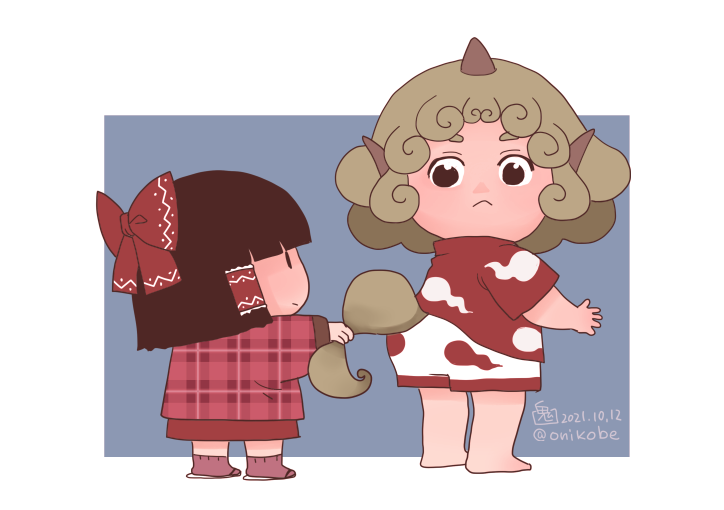 2girls, :<, aged_down, black_eyes, black_hair, blue_background, blunt_bangs, bow