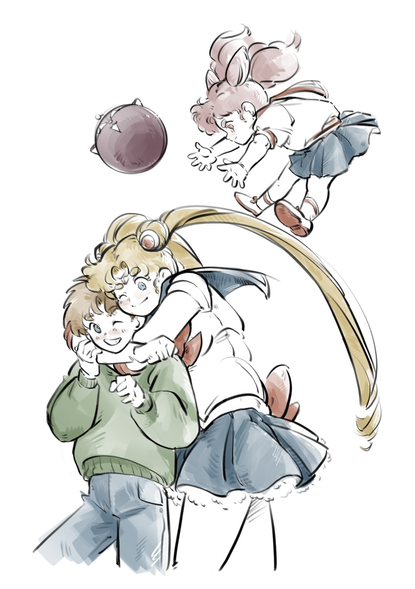 1boy, 2girls, back_bow, bishoujo_senshi_sailor_moon, blonde_hair, blue_eyes, blue_sailor_collar, blue_skirt