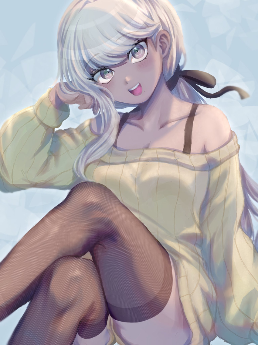 1girl, bare_shoulders, dark_skin, grey_eyes, hair_ribbon, highres, kawana_tsubasa, long_hair