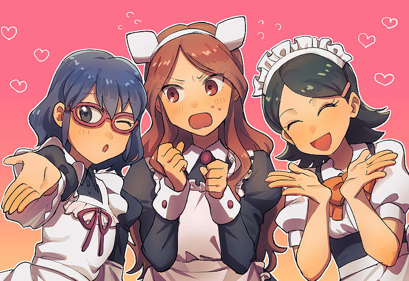 3girls, black_hair, blue_hair, bow, glasses, inazuma_eleven_(series), kino_aki, kokuro_(kosyari)