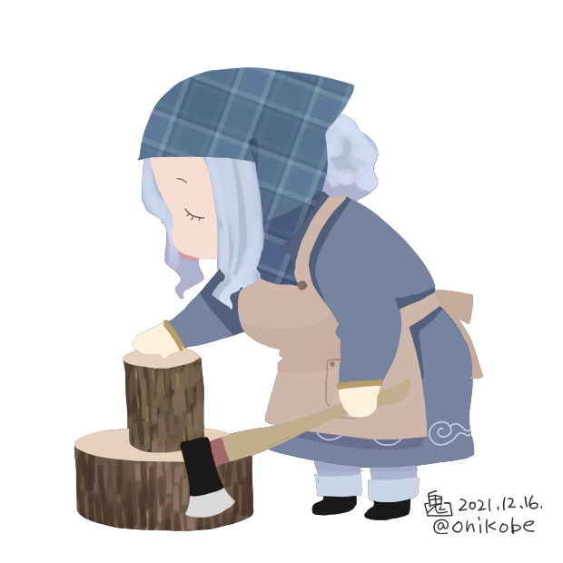 1girl, alternate_costume, apron, axe, blue_dress, blue_headscarf, brown_apron, closed_eyes