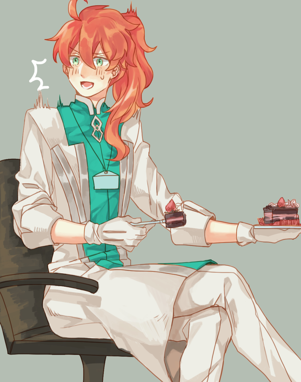 1boy, cake, cake_slice, chair, crossed_legs, fate/grand_order, fate_(series), food