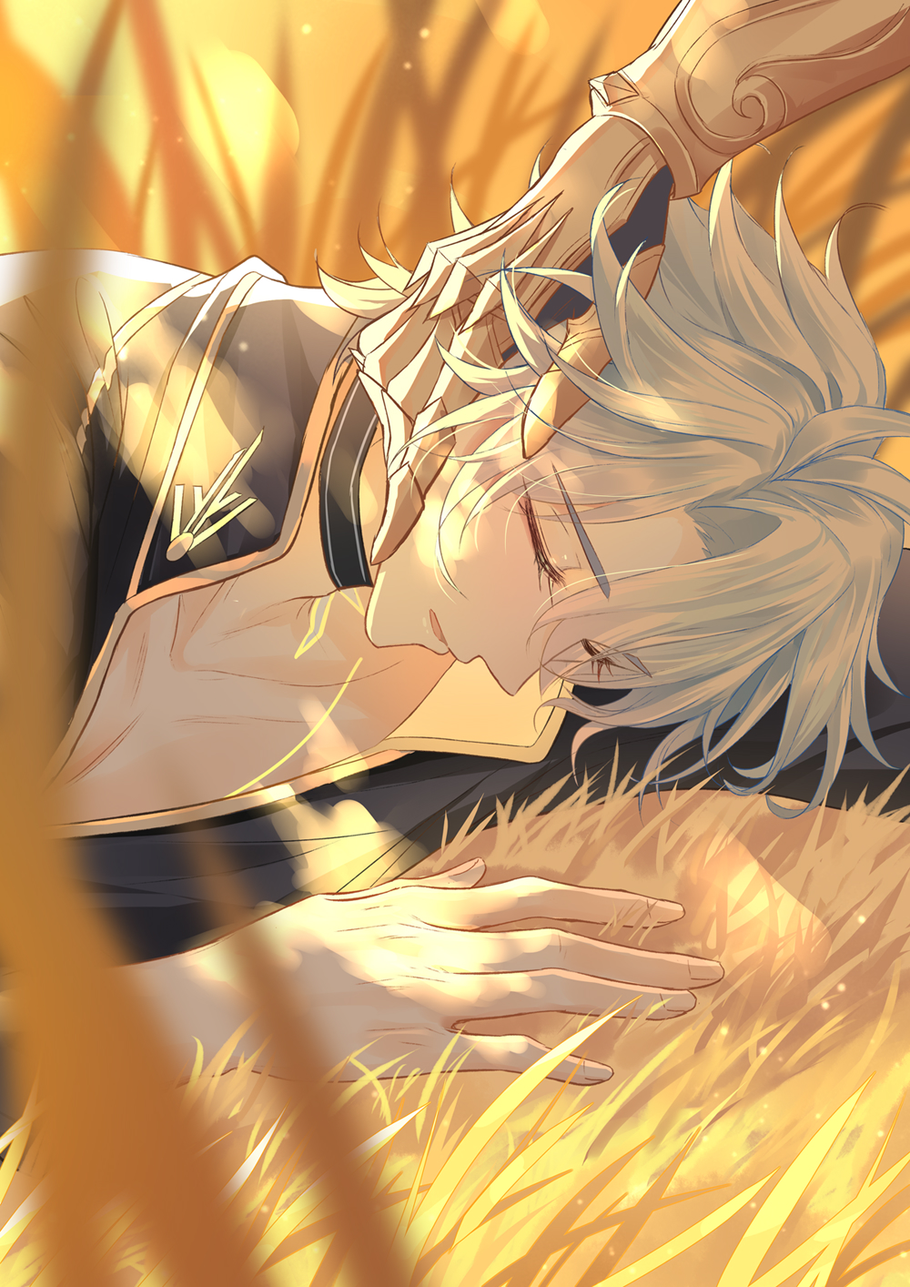 2boys, 7-river, antenna_hair, black_choker, black_shirt, chinese_commentary, choker, clawed_gauntlets