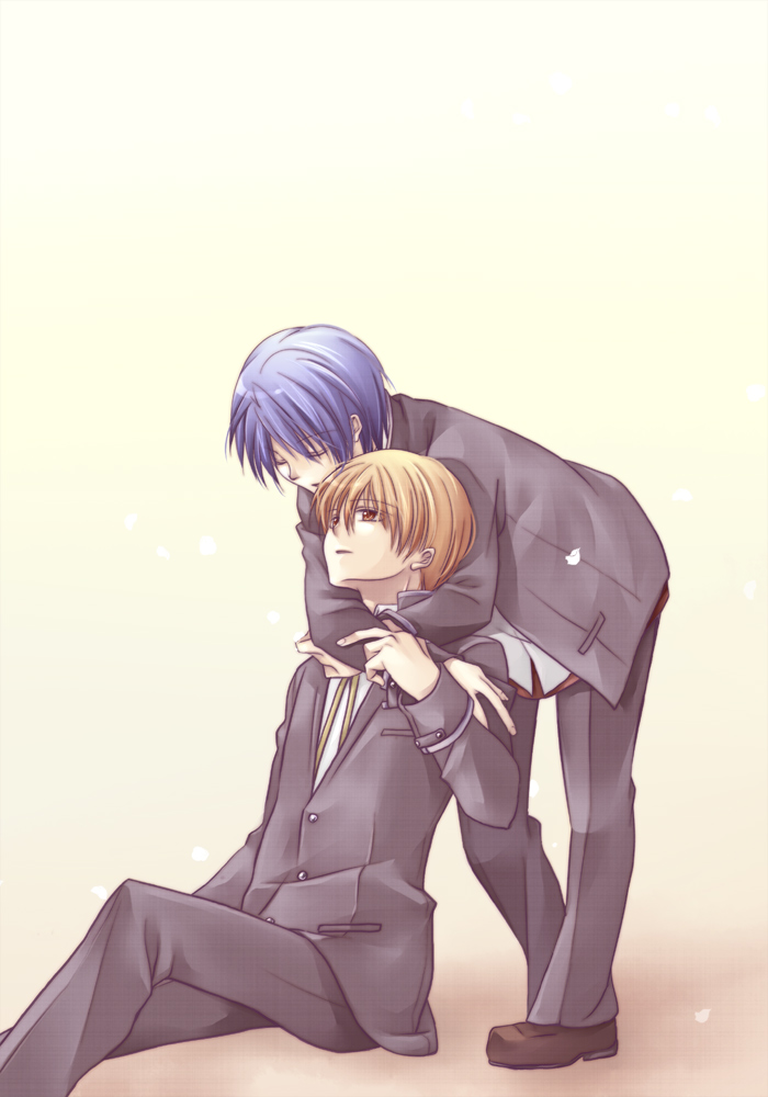 angel_beats!, bad_id, blue_hair, brown_hair, hinata_(angel_beats!), hug, hug_from_behind, male