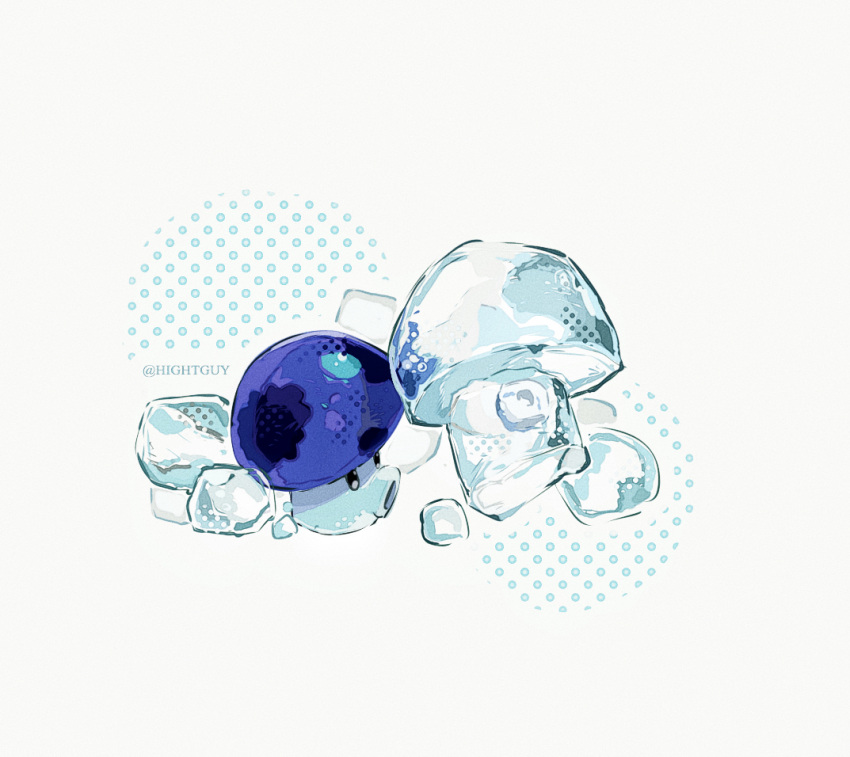 black_eyes, bubble, commentary, halftone, halftone_background, hightguy, ice, ice_cube, looking_ahead, mushroom, no_humans, plants_vs._zombies, puff-shroom_(plants_vs._zombies), simple_background, solid_oval_eyes, solo, symbol-only_commentary, twitter_username, white_background