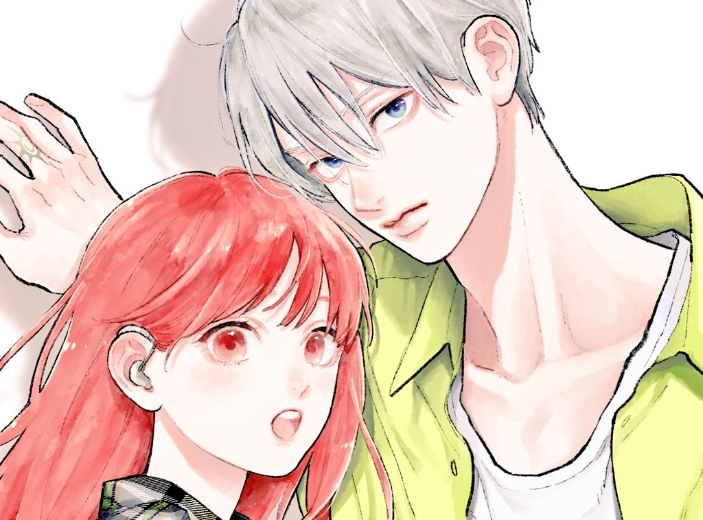 1boy, 1girl, ahoge, blue_eyes, closed_mouth, collarbone, collared_shirt, commentary_request
