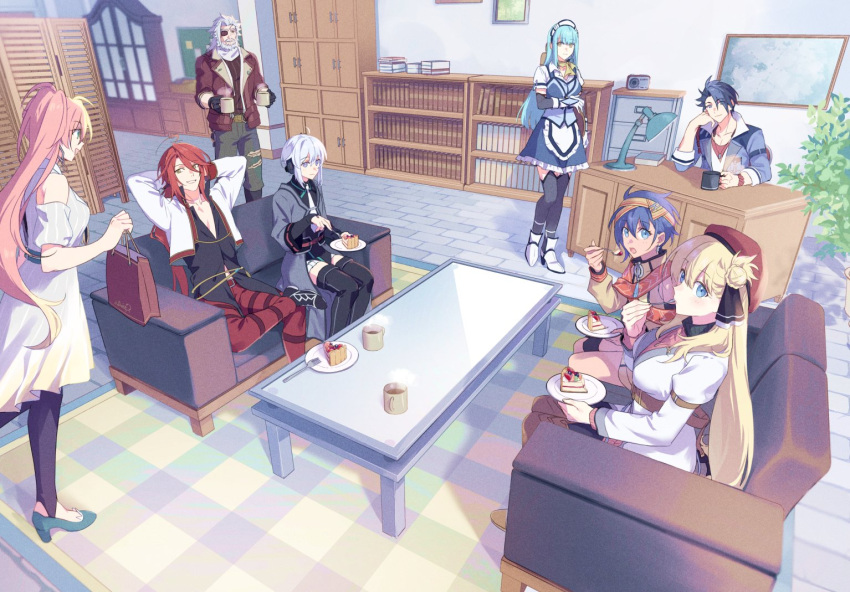 4boys, 4girls, aaron_wei, agnes_claudel, ahoge, arms_behind_back, bag, bare_shoulders