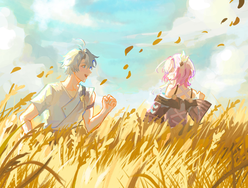 1boy, 1girl, ahoge, ancient_greek_clothes, bare_shoulders, blue_eyes, blue_shirt, blue_sky