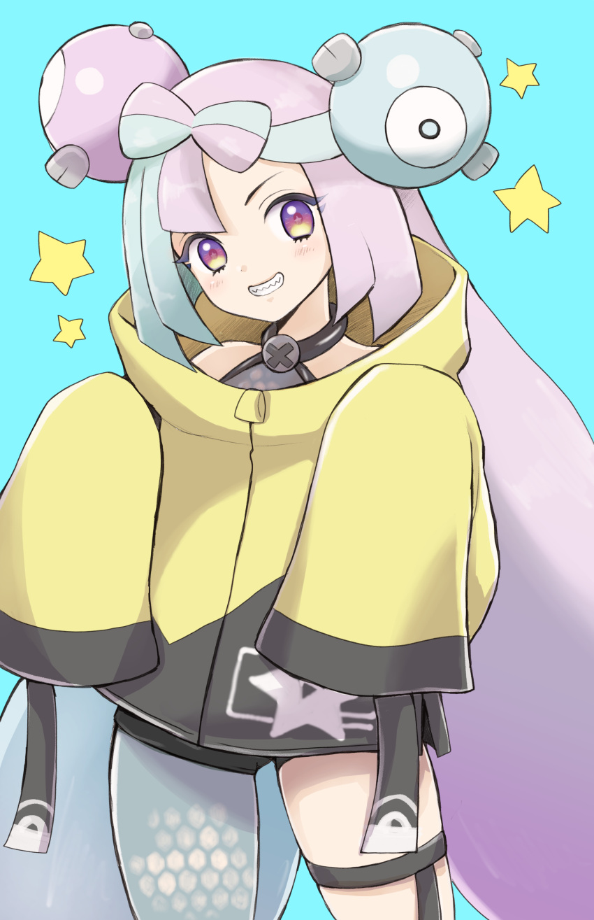 1girl, absurdres, blue_background, blush, character_hair_ornament, cowboy_shot, grin, hair_ornament, higemaccho, highres, iono_(pokemon), jacket, long_sleeves, looking_at_viewer, magnemite, pink_hair, pokemon, pokemon_sv, single_leg_pantyhose, smile, solo, star_(symbol), thigh_strap, very_long_sleeves, yellow_jacket