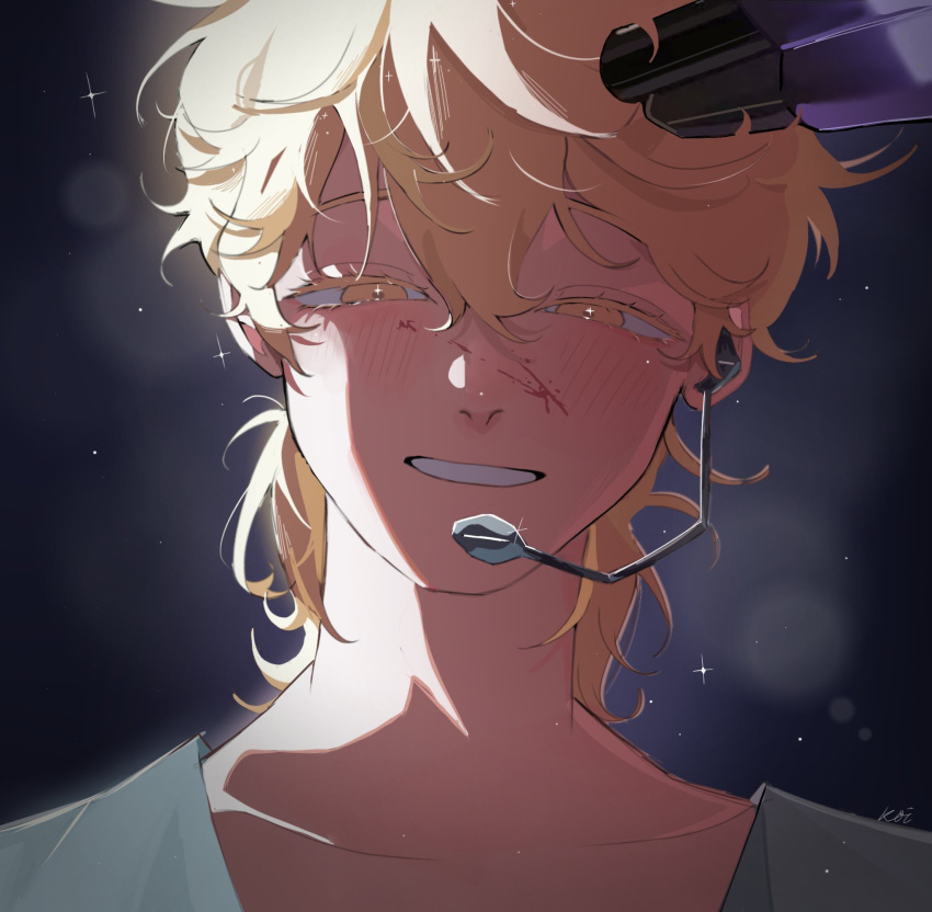 1boy, alien_stage, blonde_hair, blood, blood_on_face, commentary, gun_to_head, hair_between_eyes