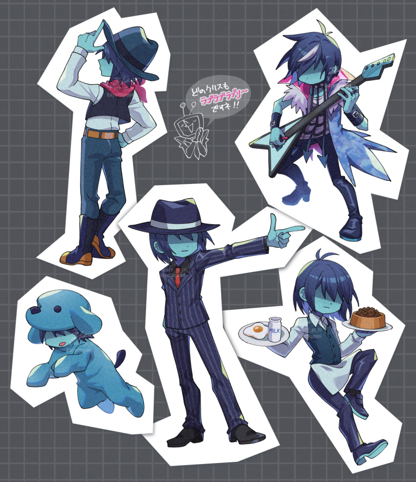 1boy, 1other, animal_costume, ant_tenna, apron, artist_name, black_boots, black_pants