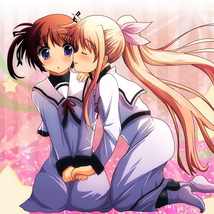 :o, bad_id, black_legwear, blonde_hair, blue_eyes, blush, brown_hair, child, fate_testarossa, fukudori, hair_ribbon, long_hair, lyrical_nanoha, mahou_shoujo_lyrical_nanoha, mahou_shoujo_lyrical_nanoha_a's, mahou_shoujo_lyrical_nanoha_a's, multiple_girls, pantyhose, ponytail, ribbon, school_uniform, takamachi_nanoha, twintails, yuri
