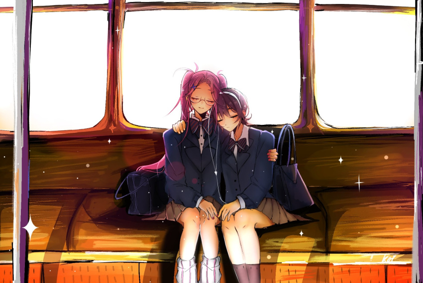 2girls, alien_stage, arm_around_shoulder, bag, black_bow, black_bowtie, black_hair, black_socks