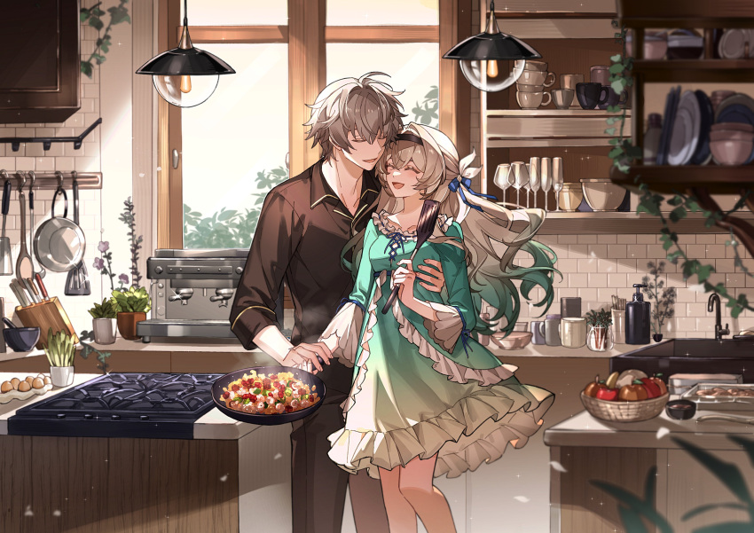 1boy, 1girl, absurdres, aqua_dress, aqua_skirt, arm_ribbon, bamu_(bamu0504), black_hairband, blue_ribbon, blush, caelus_(honkai:_star_rail), closed_eyes, cup, dress, drinking_glass, egg_(food), firefly_(honkai:_star_rail), food, frilled_dress, frills, frying_pan, gradient_hair, grey_hair, hair_between_eyes, hair_intakes, hair_ribbon, hairband, highres, holding, holding_frying_pan, honkai:_star_rail, honkai_(series), hug, kitchen, long_hair, multicolored_hair, open_mouth, pajamas, plate, ribbon, second-party_source, shelf, skirt, smile, spatula, stove, trailblazer_(honkai:_star_rail), wine_glass
