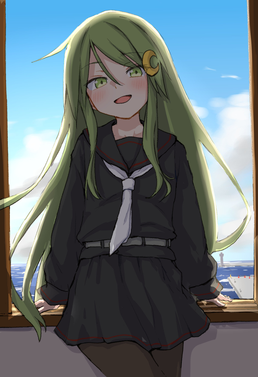 1girl, absurdres, black_pantyhose, black_sailor_collar, black_serafuku, black_skirt, blush, clouds