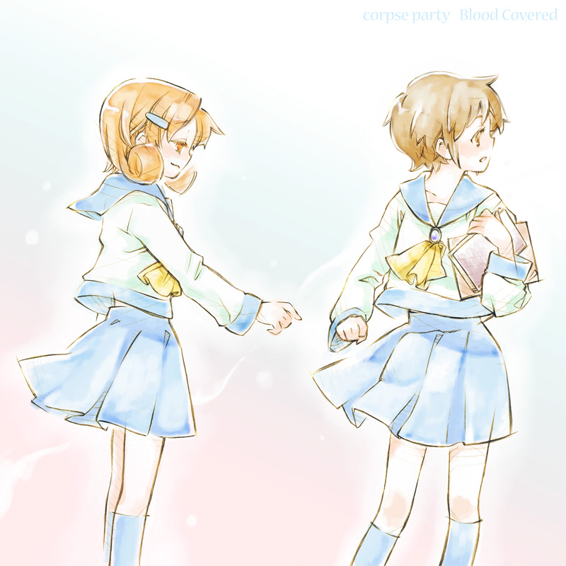 alba_epron, brown_eyes, brown_hair, corpse_party, kneehighs, multiple_girls, nakashima_naomi, reaching, school_uniform, serafuku, shinohara_seiko, yuri