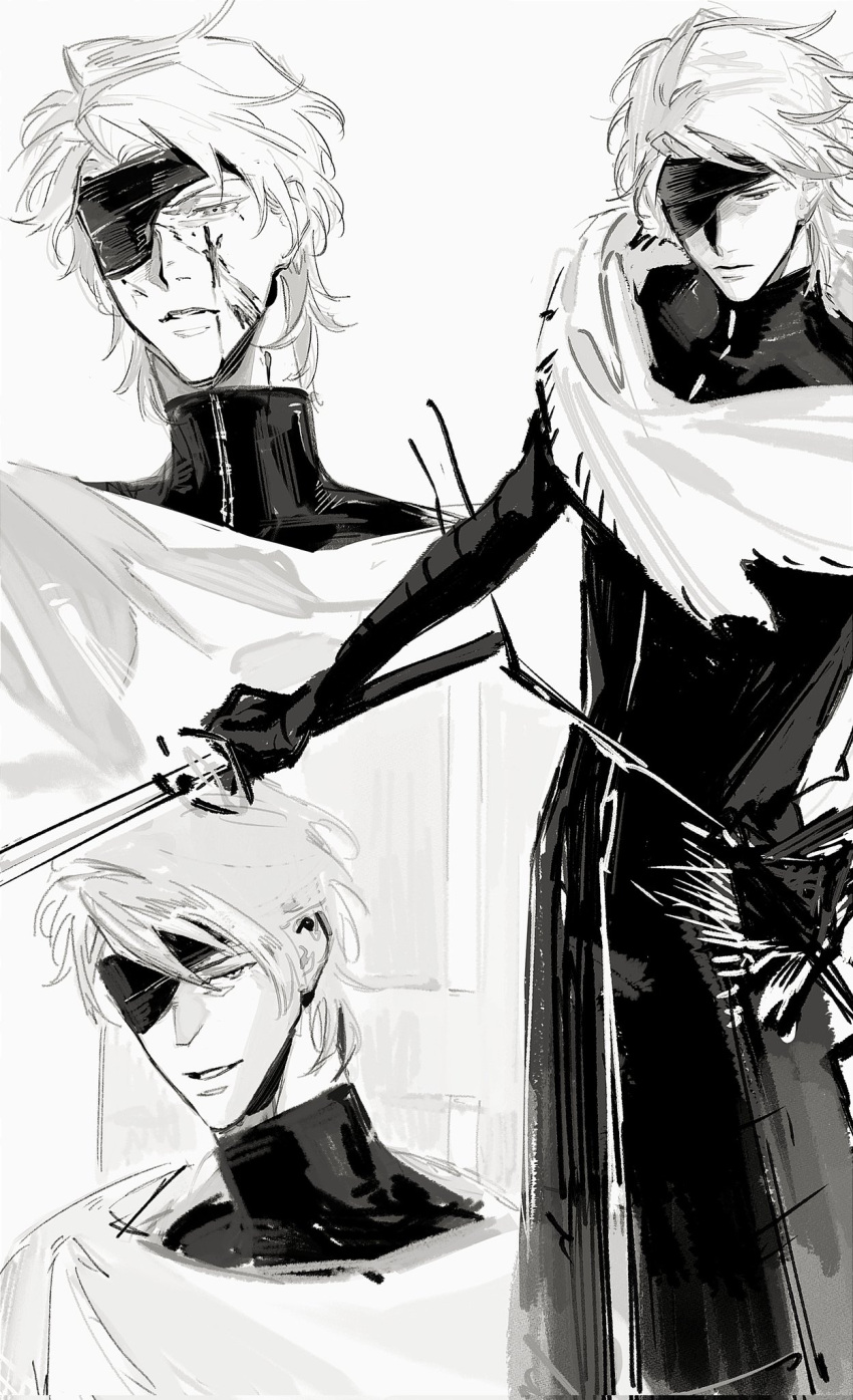 1boy, aizen_sousuke, black_suit, bleach, blood, blood_on_face, eyepatch, highres, kuzawa_e, looking_at_viewer, medium_hair, monochrome, multiple_views, scarf, suit, white_scarf