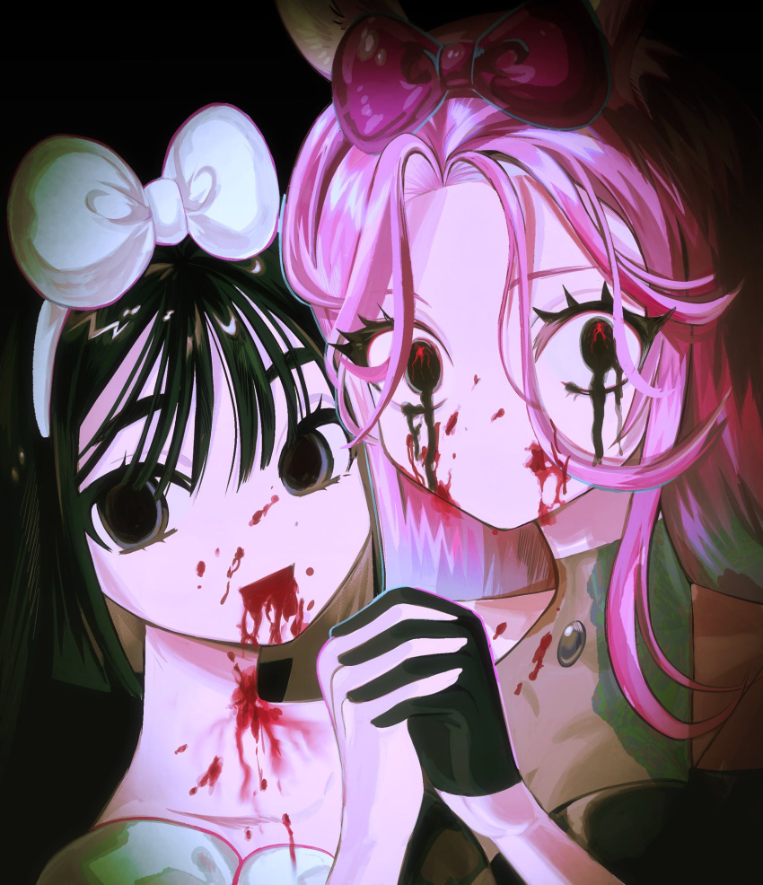 2girls, alien_stage, animal_ears, black_gloves, black_hair, blood, blood_from_mouth, blood_on_face