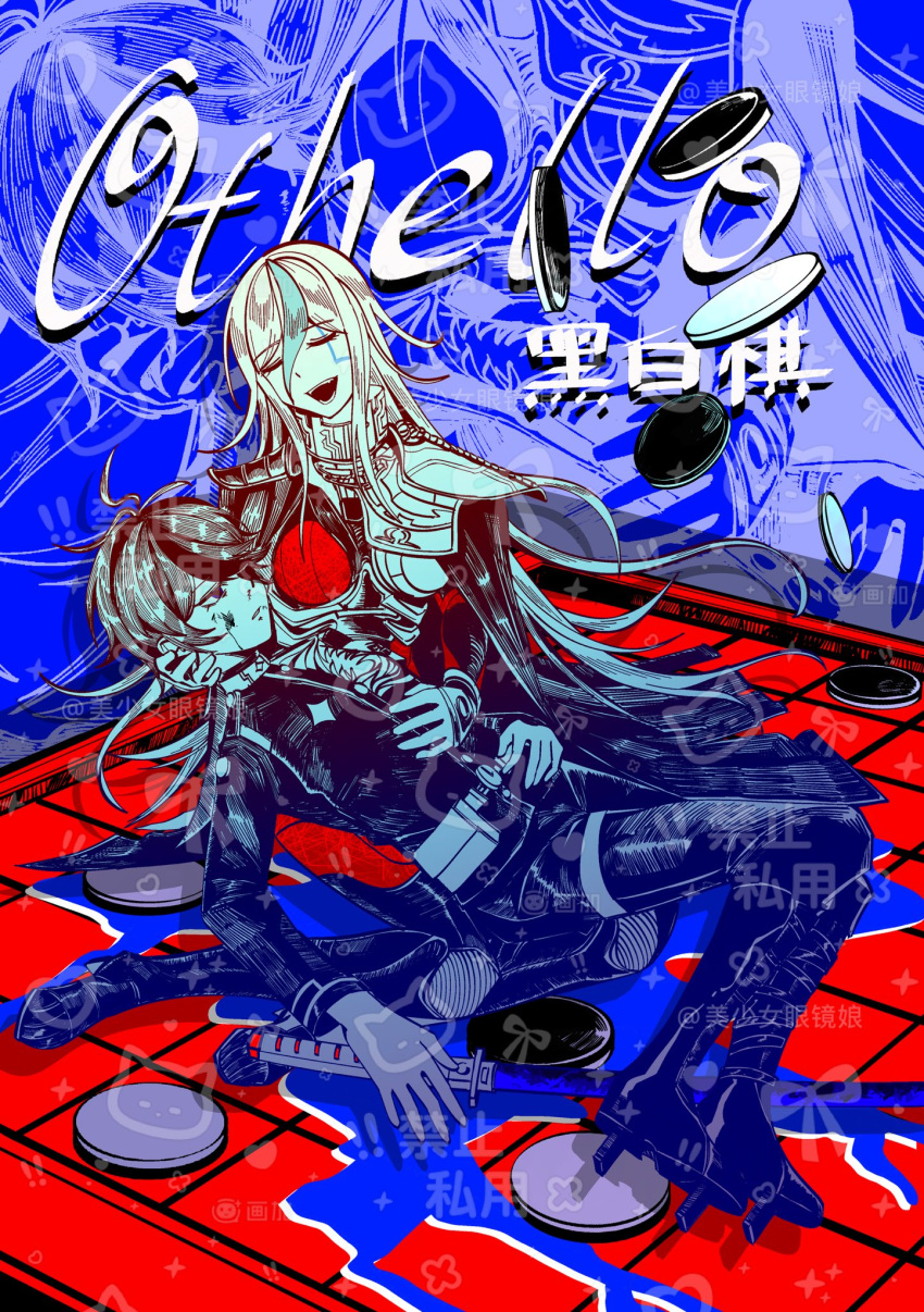1boy, 1girl, armband, black_streaks, blood, blood_on_face, blue_background, blue_eyes