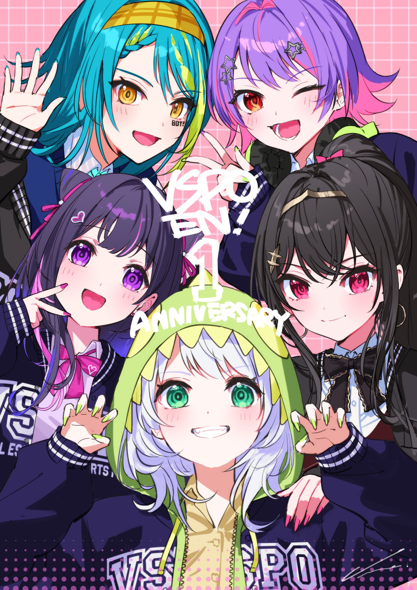 5girls, absurdres, animal_hood, anniversary, aotsuki_remia, black_bow, black_bowtie, black_hair
