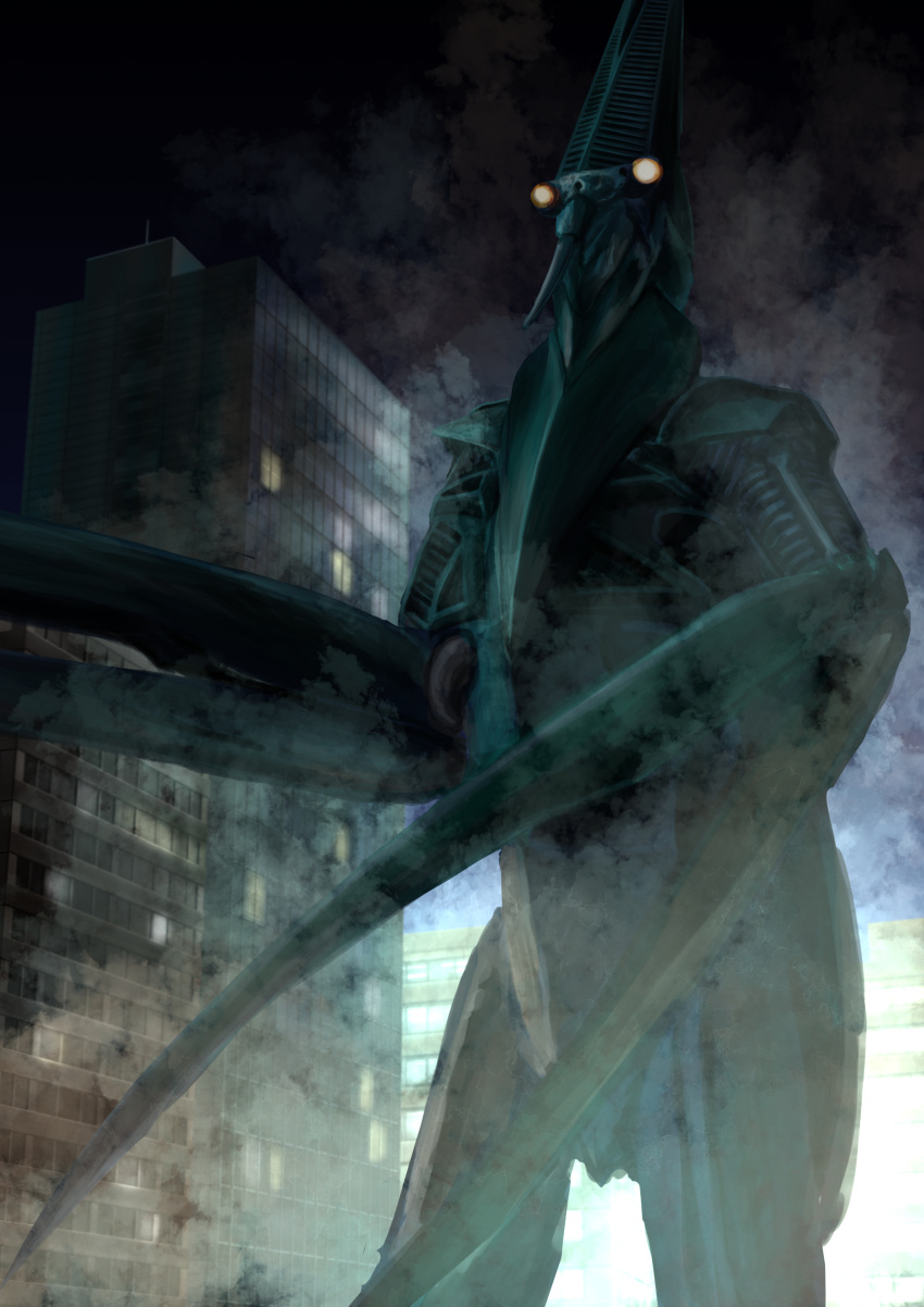 absurdres, alien, backlighting, baltan_seijin, black_sky, blue_carapace, blue_skin, building