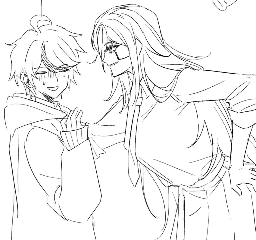 1boy, 1girl, against_wall, blue_streaks, blush, bog_i66820, colored_skin, eva_(hundred_line), flirting, hand_on_another's_shoulder, long_hair, multicolored_hair, purple_streaks, red_eyes, school_uniform, streaked_hair, sumino_takumi, the_hundred_line_-last_defense_academy-, v'ehxness, violet_eyes, white_background, white_hair, white_skin