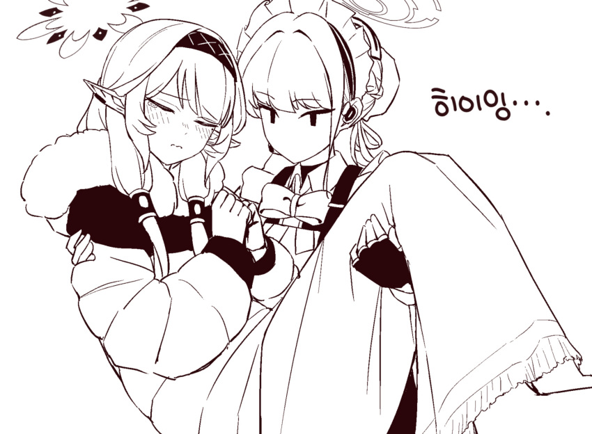 2girls, blue_archive, bow, carrying, closed_eyes, commentary_request, expressionless, fingerless_gloves, gloves, hairband, halo, highres, himari_(blue_archive), himari_(winter)_(blue_archive), maid, maid_headdress, monochrome, multiple_girls, no_mouth, own_hands_together, princess_carry, sad, simple_background, tearing_up, toki_(blue_archive), yusang