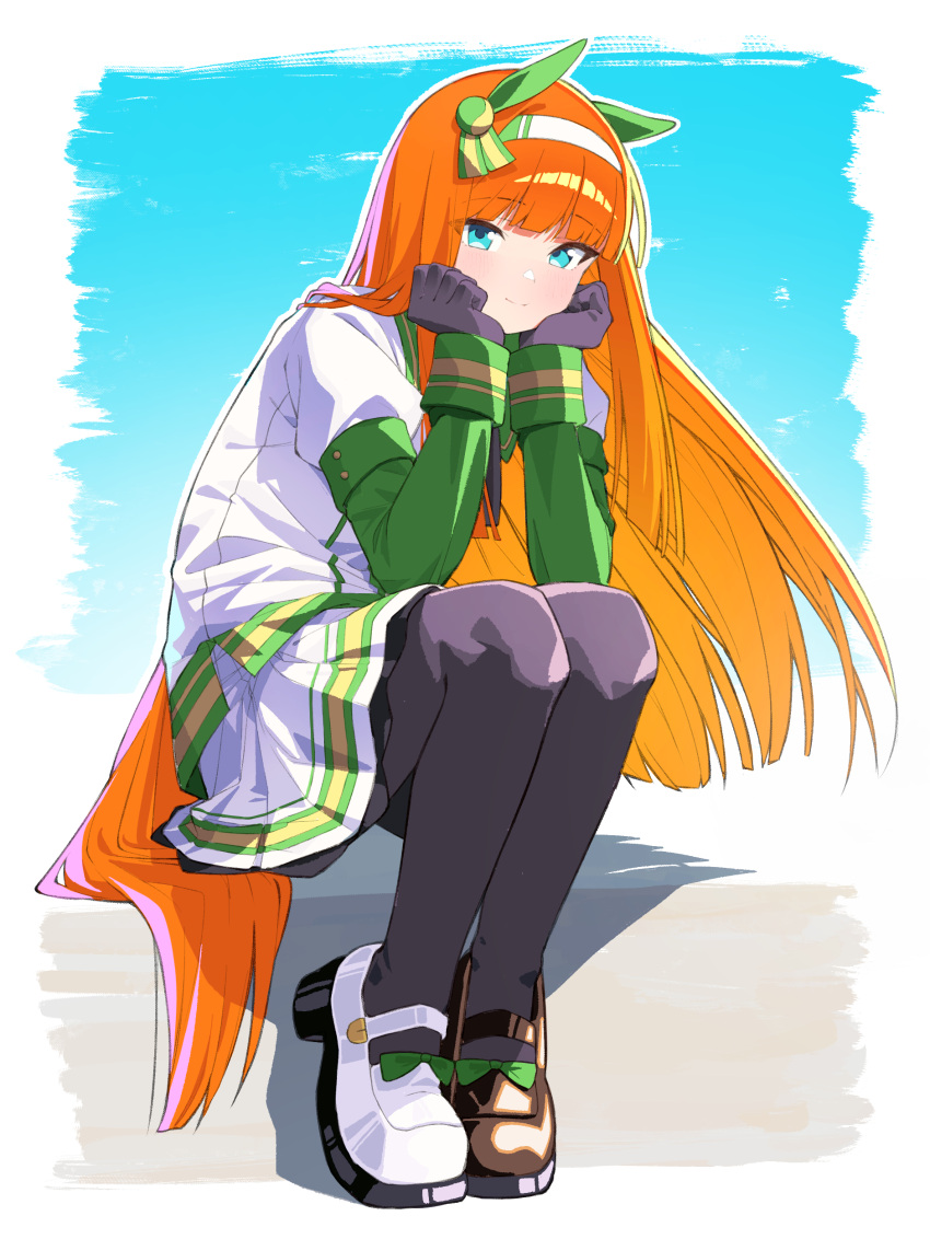 1girl, absurdres, animal_ears, aqua_eyes, asymmetrical_footwear, black_gloves, black_pantyhose, blunt_bangs, brown_shoes, closed_mouth, commentary, ear_covers, english_commentary, gloves, hairband, hands_on_own_cheeks, hands_on_own_face, highres, horse_ears, horse_girl, horse_tail, long_hair, long_sleeves, looking_at_viewer, mendidih448, mismatched_footwear, orange_hair, pantyhose, pleated_skirt, shadow, shoes, silence_suzuka_(umamusume), sitting, skirt, smile, solo, tail, umamusume, white_hairband, white_shoes, white_skirt