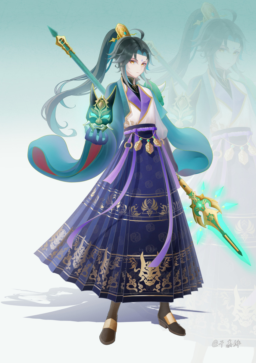 1boy, absurdres, alternate_costume, alternate_hairstyle, black_gloves, black_hair, black_shoes, blue_skirt, chinese_commentary, colored_inner_hair, commentary_request, full_body, genshin_impact, gloves, green_hair, high_ponytail, highres, holding, holding_mask, holding_polearm, holding_weapon, male_focus, mask, multicolored_hair, polearm, ponytail, primordial_jade_winged-spear_(genshin_impact), qian_mu_fei_fire, shoes, skirt, standing, weapon, xiao_(genshin_impact), yellow_eyes, zoom_layer