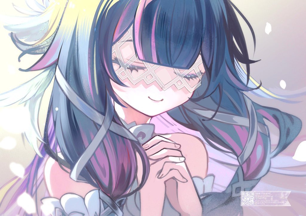 1girl, bare_shoulders, black_hair, blunt_bangs, chisora_(chisora_ra), closed_eyes, columbina_(genshin_impact), genshin_impact