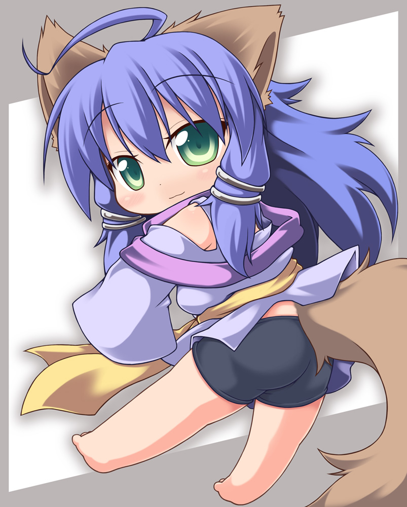animal_ears, bad_id, barefoot, bike_shorts, chibi, dog_ears, dog_tail, green_eyes
