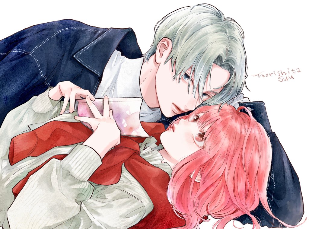 1boy, 1girl, artist_name, blush, book, choker, collared_shirt, commentary_request