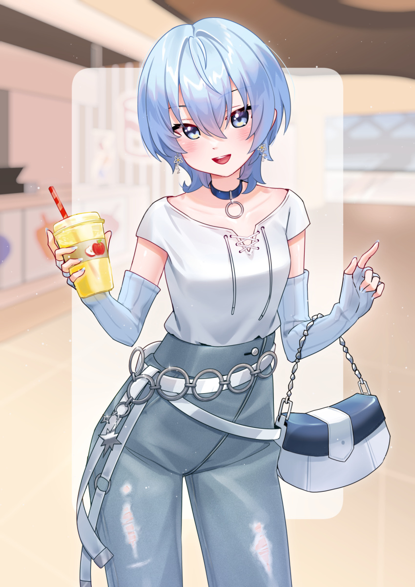 1girl, :d, bag, blue_choker, blue_eyes, blue_hair, blue_nails, blue_pants