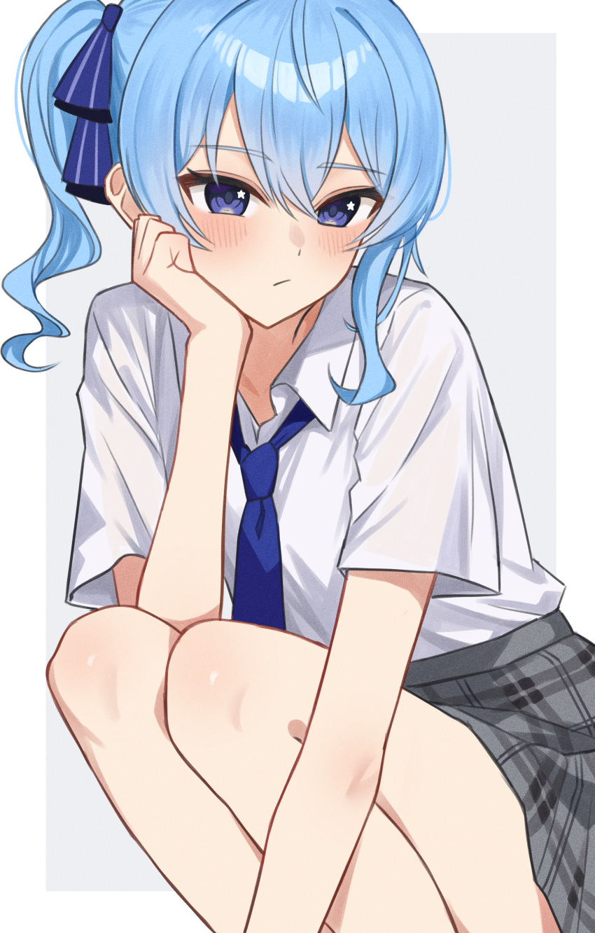 1girl, :/, absurdres, blue_eyes, blue_hair, blue_necktie, blush, closed_mouth