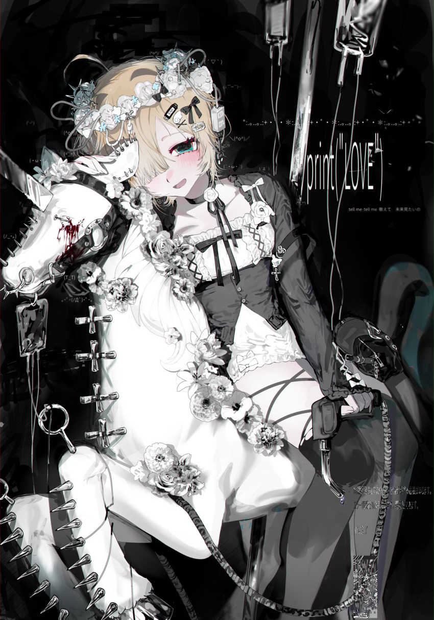 1girl, bandages, blonde_hair, blood, blood_bag, blue_eyes, blunt_bangs, choker