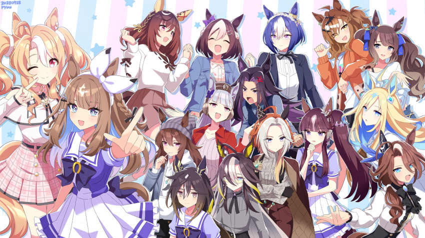 6+girls, ahoge, almond_eye_(umamusume), anger_vein, animal_ears, blonde_hair, blue_hair, brown_hair