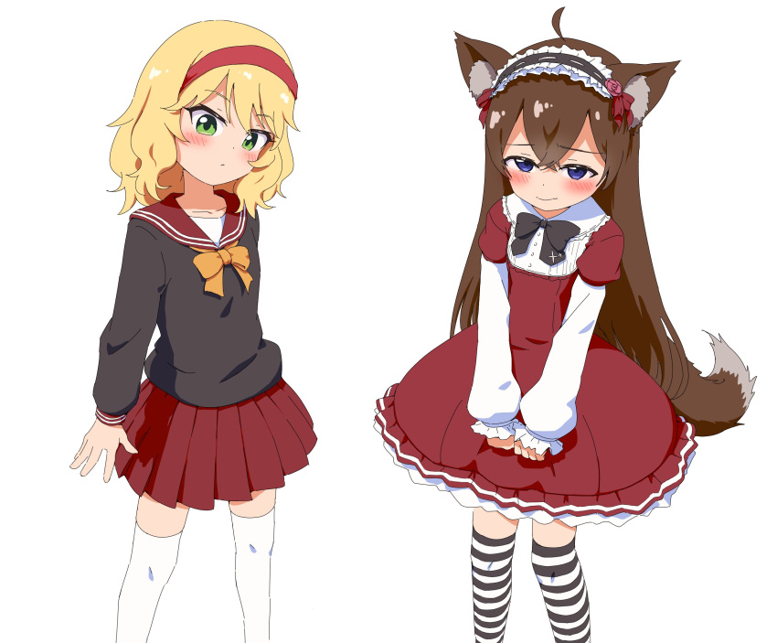 2girls, animal_ears, blonde_hair, blue_eyes, boboy5658, brown_hair, commission, commissioner_upload, cosplay, dress, flower, fox_ears, fox_girl, fox_tail, green_eyes, hachi_peashy, hairband, headband, highres, idolmaster, idolmaster_cinderella_girls, indie_virtual_youtuber, lolita_hairband, long_hair, medium_hair, multiple_girls, sailor, sakurai_momoka, sakurai_momoka_(cosplay), skeb_commission, tail, virtual_youtuber