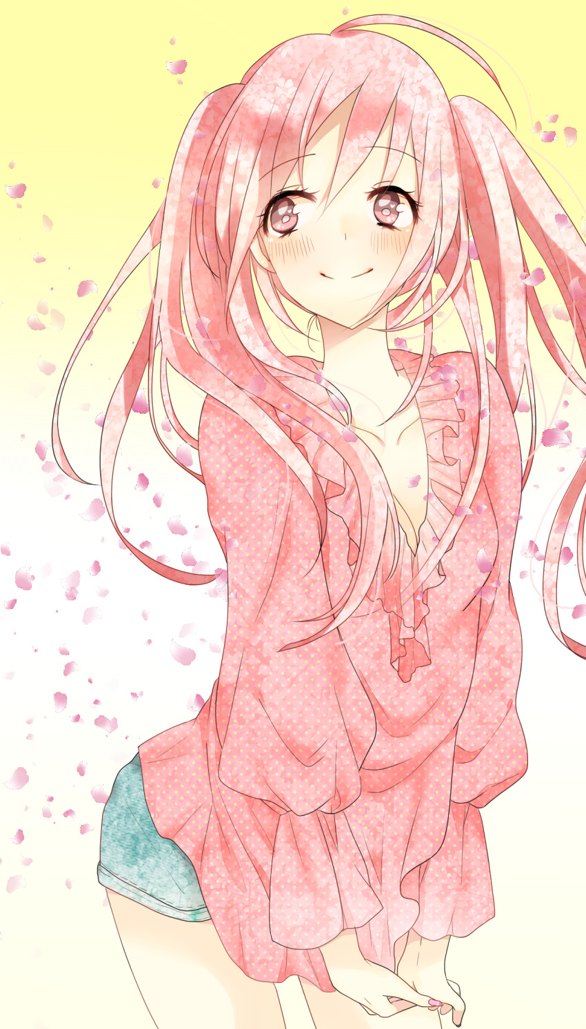 hatsune_miku, highres, koko_(pixiv56390), long_hair, petals, pink_eyes, pink_hair, sakura_miku, smile, solo, twintails, very_long_hair, vocaloid