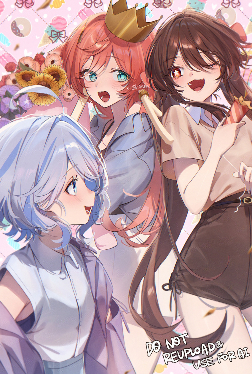 3girls, alternate_costume, antlers, black_shirt, blue_eyes, blush, bouquet, brown_hair