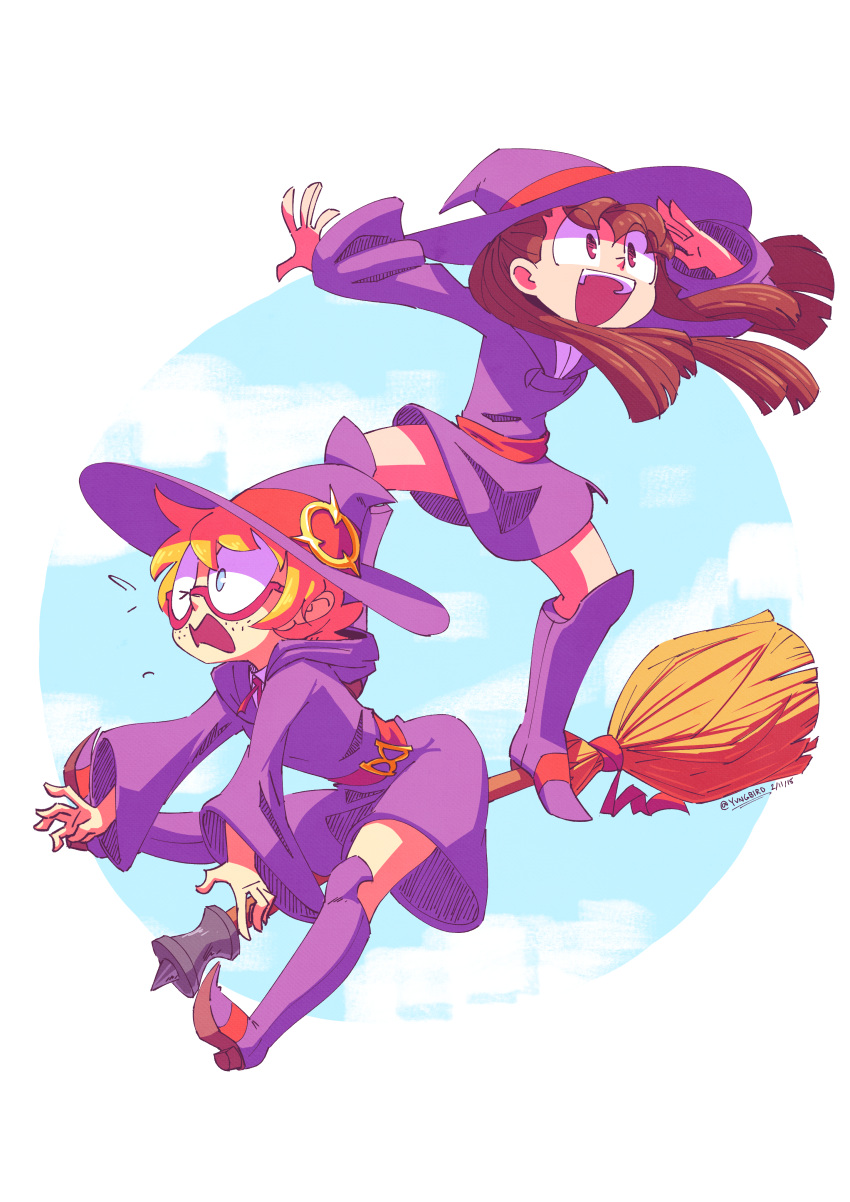 2girls, absurdres, blonde_hair, blue_sky, boots, broom, broom_riding, brown_hair, clouds, commentary, day, english_commentary, floating_hair, flying_sweatdrops, foot_on_another's_back, freckles, glasses, hat, hatching_(texture), highres, kagari_atsuko, little_witch_academia, long_sleeves, lotte_jansson, multiple_girls, one_eye_closed, open_mouth, purple_boots, purple_hat, purple_robe, red-framed_eyewear, robe, sarahdaviid, sky, smile, standing, teeth, upper_teeth_only, witch, witch_hat