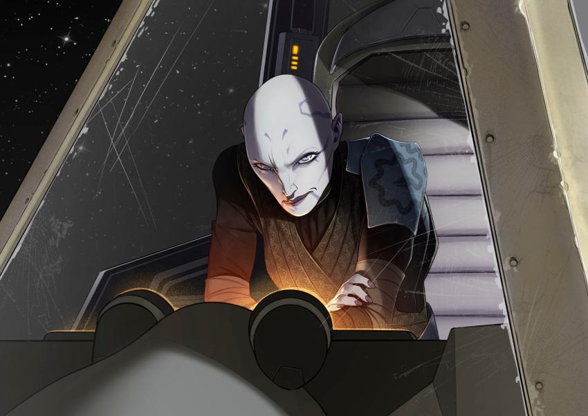 1girl, absurdres, asajj_ventress, bald, bald_female, blue_eyes, gabriel_gomez_almenzar, highres