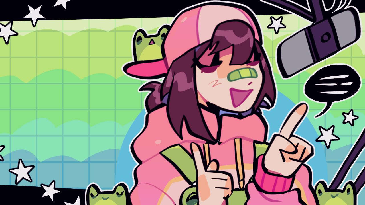 1girl, animal_print, backwards_hat, bandaid, bandaid_on_face, bandaid_on_nose, baseball_cap, bethy, black_border, border, borenii, brown_hair, checkered_background, closed_eyes, commentary, commission, commissioner_upload, english_commentary, eyelashes, frog, frog_print, green_background, green_bandaid, green_overalls, hair_between_eyes, hands_up, hat, hood, hood_down, hoodie, index_finger_raised, indie_virtual_youtuber, long_sleeves, medium_hair, microphone, microphone_stand, open_mouth, outline, overalls, pink_hat, pink_hoodie, portrait, short_twintails, sidelocks, solo, speech_bubble, star_(symbol), tomboy, triangle_mouth, twintails, virtual_youtuber, white_outline