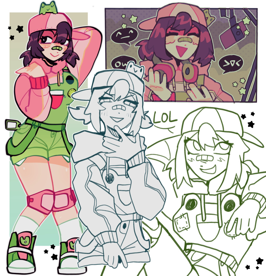 1girl, absurdres, animal_print, arm_behind_head, backwards_hat, bandaid, bandaid_on_face, bandaid_on_nose, baseball_cap, bethy, black_eyes, blush, borenii, bright_pupils, brown_hair, closed_eyes, closed_mouth, commentary, commission, commissioner_upload, cowboy_shot, english_commentary, english_text, eyelashes, feet_out_of_frame, frog_on_head, frog_print, full_body, gradient_background, green_background, green_bandaid, green_overalls, green_shoes, hair_between_eyes, half-closed_eyes, hand_up, hat, headphones, headphones_around_neck, highres, hood, hood_down, hoodie, indie_virtual_youtuber, knee_pads, looking_at_viewer, looking_to_the_side, looking_up, medium_hair, microphone, microphone_stand, multicolored_shoes, open_mouth, overalls, pink_hat, pink_hoodie, pink_shoes, portrait, shoes, short_twintails, sideways_hat, sitting, sketch_inset, smile, socks, speech_bubble, standing, star_(symbol), tomboy, triangle_mouth, twintails, virtual_youtuber, white_background, white_pupils, white_shoes, white_socks