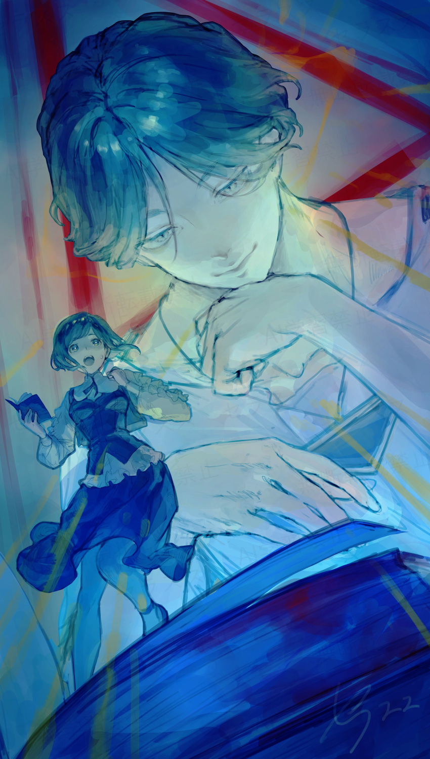 1boy, 1girl, absurdres, blue_hair, blue_theme, book, closed_mouth, collared_shirt, commentary_request, fukurai_azami, hand_on_own_chin, hand_up, highres, holding, holding_book, limited_palette, long_sleeves, looking_down, meguriya_ayumu, mini_person, minigirl, open_book, open_mouth, serasusu, shirt, short_hair, smile, standing, toshi_densetsu_kaitai_center, triangle, triangle_necklace, upper_body