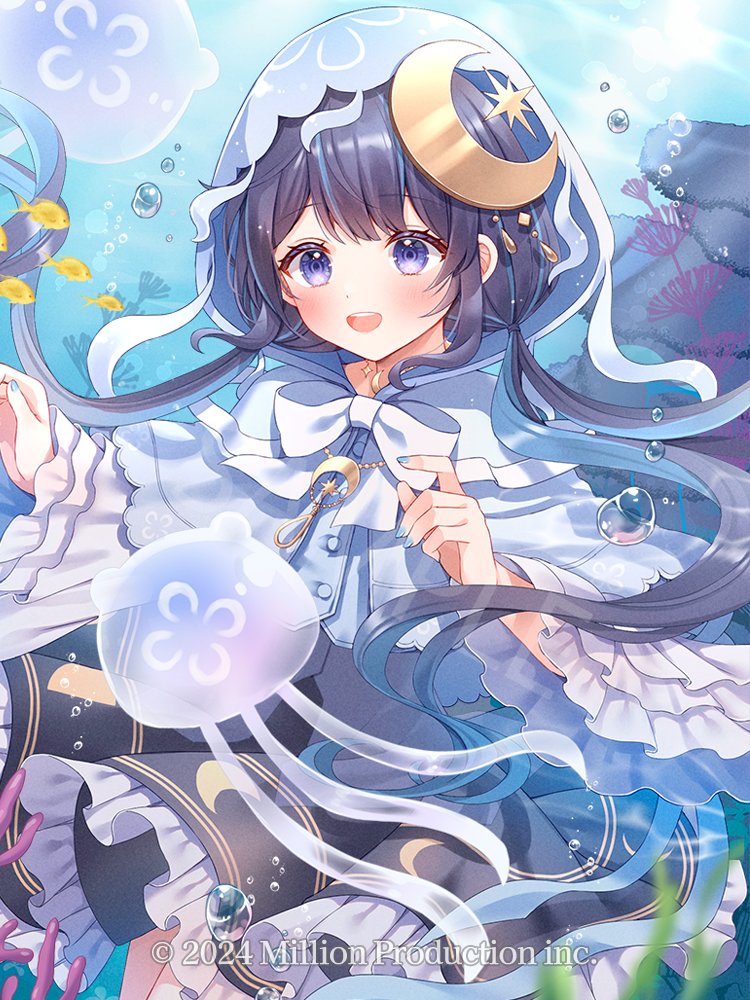 1girl, :d, black_hair, black_skirt, blue_capelet, blue_streaks, blush, bow