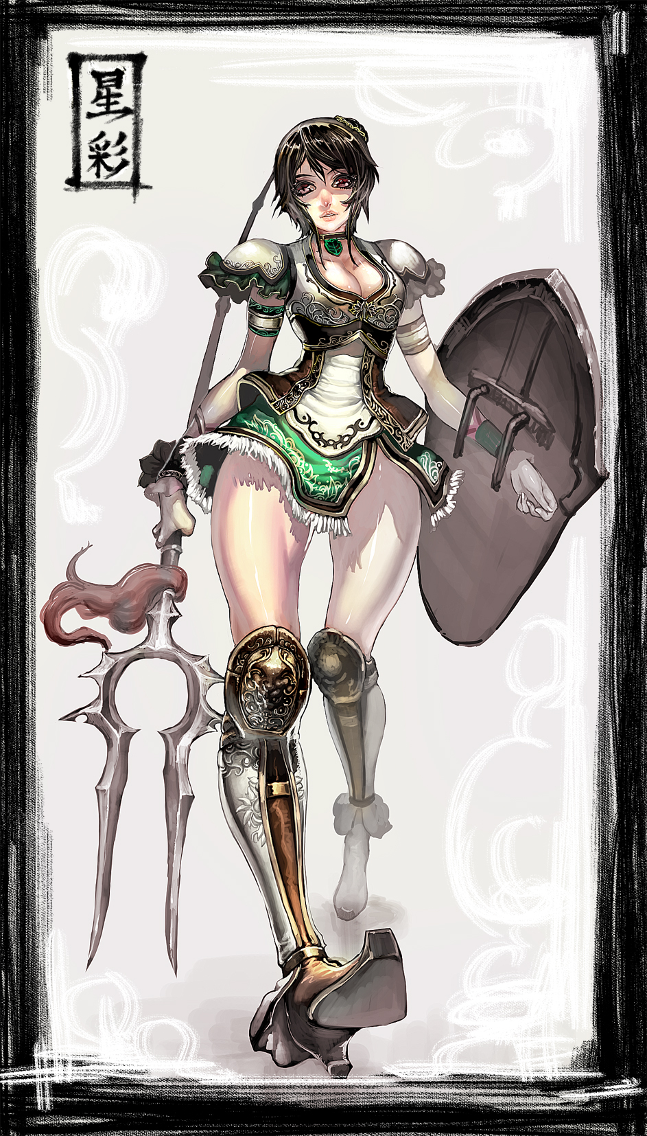 armor, brown_eyes, brown_hair, highres, jeffr, polearm, shield, shin_sangoku_musou